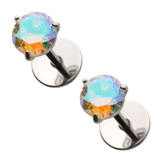 Pair of martini prong earrings with multicolored Aurora Borealis gemstones on a white background.