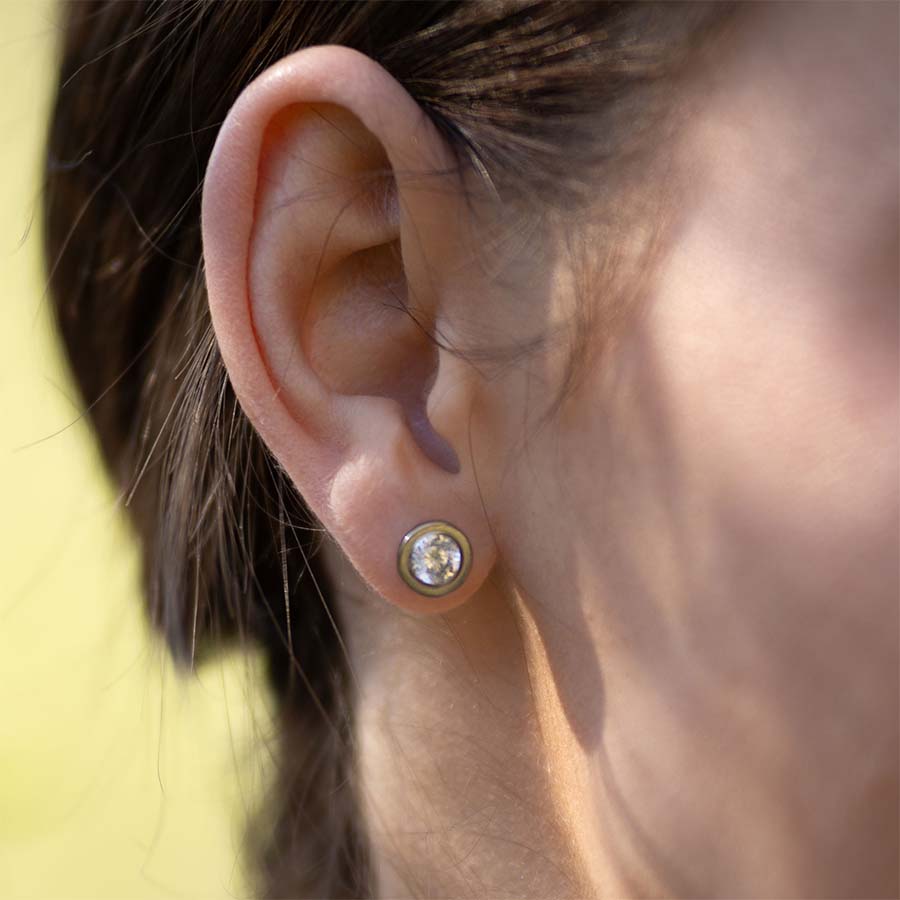 Close-up of an ear wearing Crystal Bezel Titanium ComfyEarrings