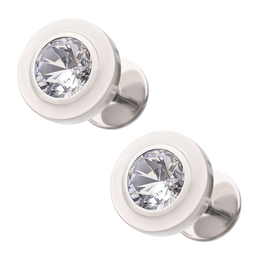 Crystal Bezel Titanium Stud ComfyEarrings with clear gemstones on a white background