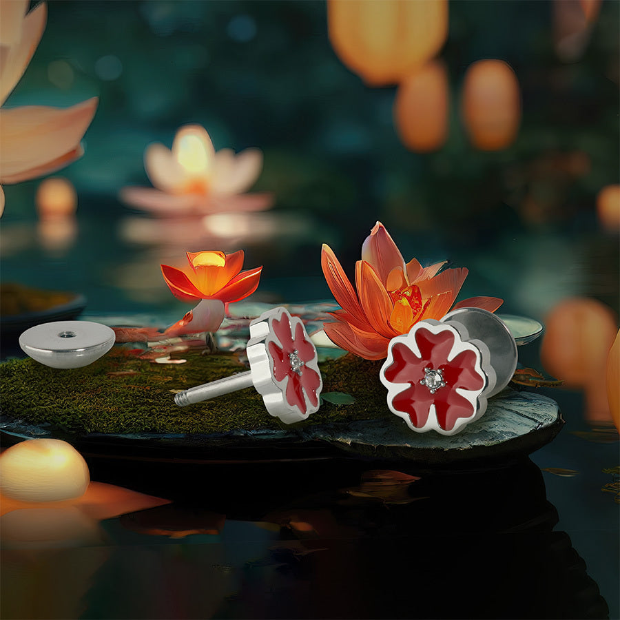 Red Enamel Flowers on a lili pad