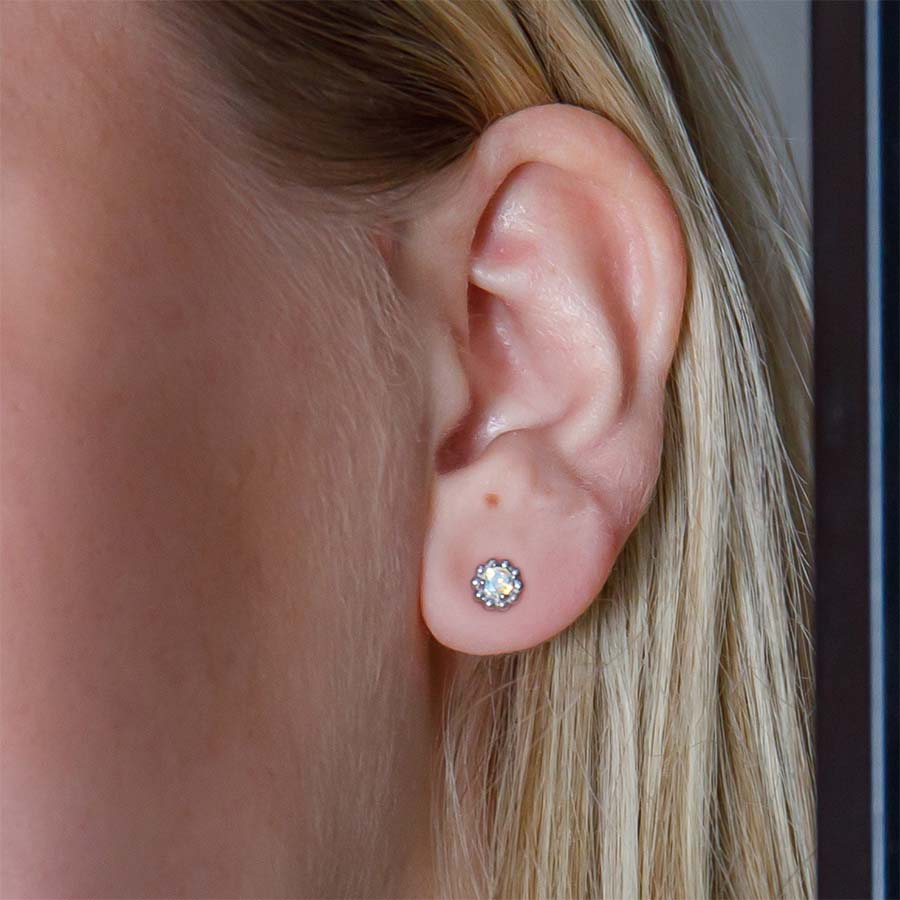Vintage Aurora Borealis ComfyEarrings picture up-close in the ear.