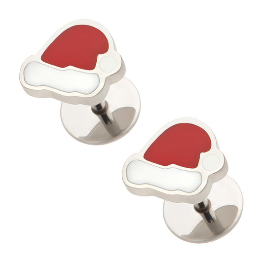 A pair of silver-toned earrings shaped like Santa hats, featuring a red top section and a white band, set against a plain white background.