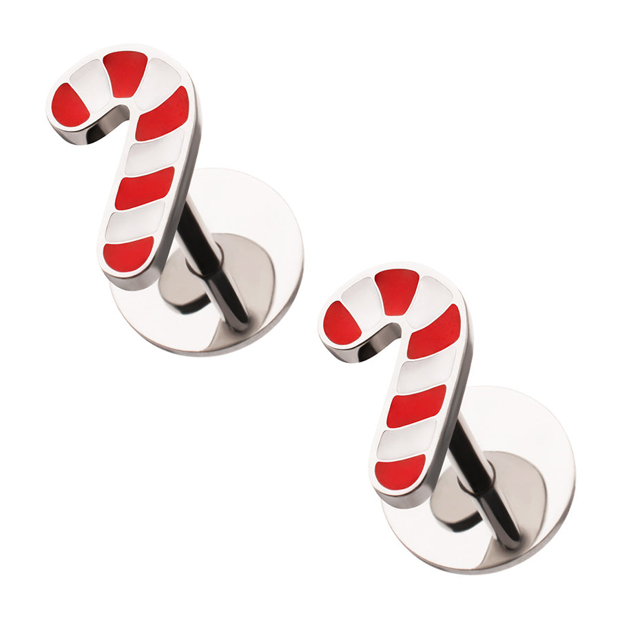 Candy cane-shaped earrings on a white background