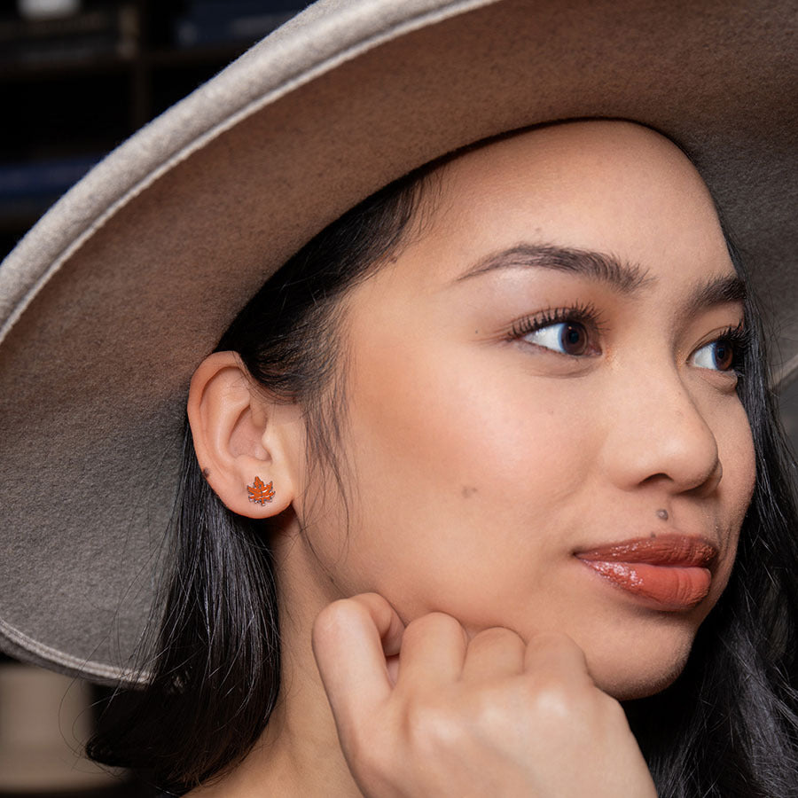 Enamel Fall Leaf ComfyEarrings go perfect with a wide brim felt fall hat
