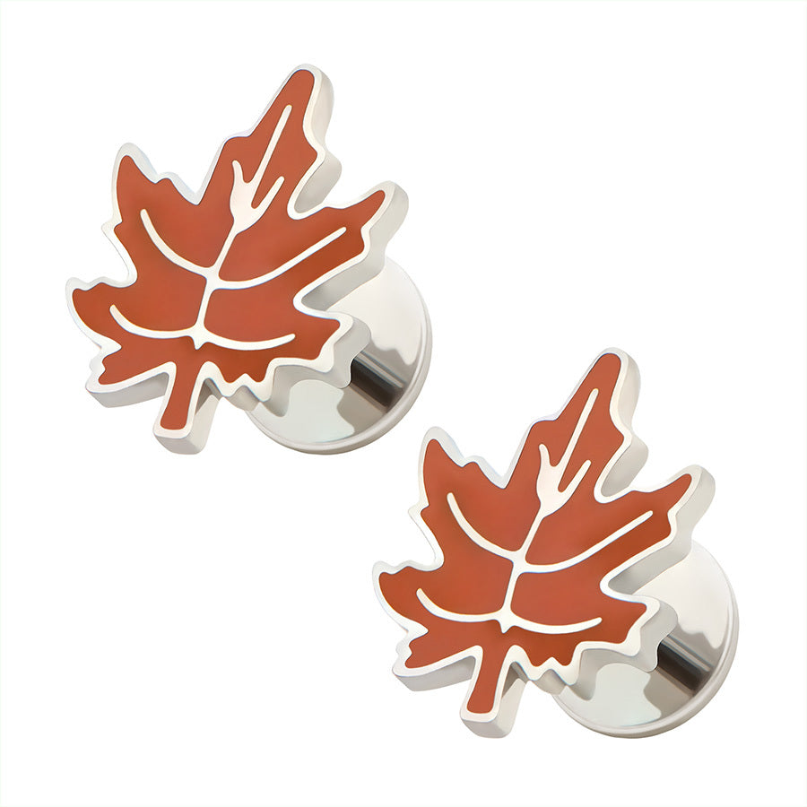 Burnt orang enamel with stainless steel fall leaf earrings with flat screw-on backs.