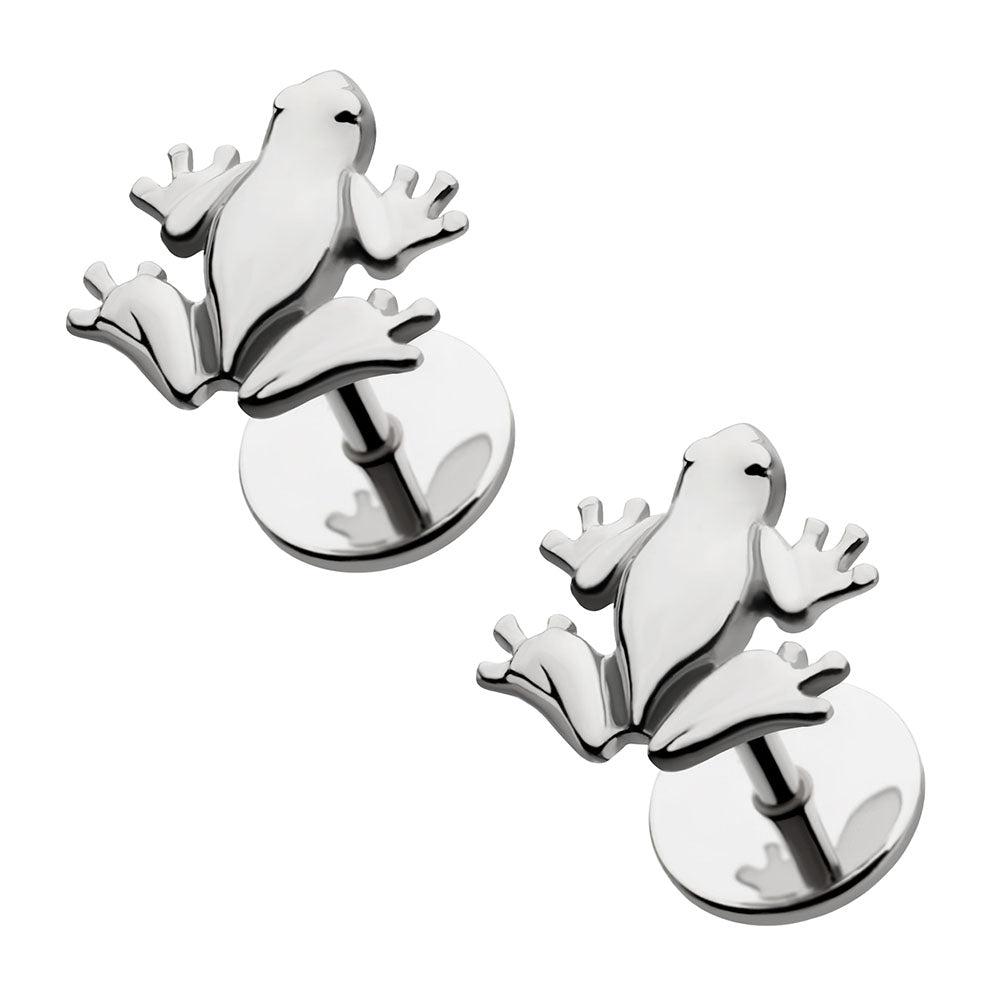 A pair of silver-toned frog flat-back earrings with a polished metallic finish, displayed on a clean white background. Made by Comfy Earrings®.