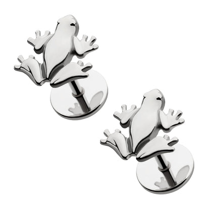 A pair of silver-toned frog flat-back earrings with a polished metallic finish, displayed on a clean white background. Made by Comfy Earrings®.