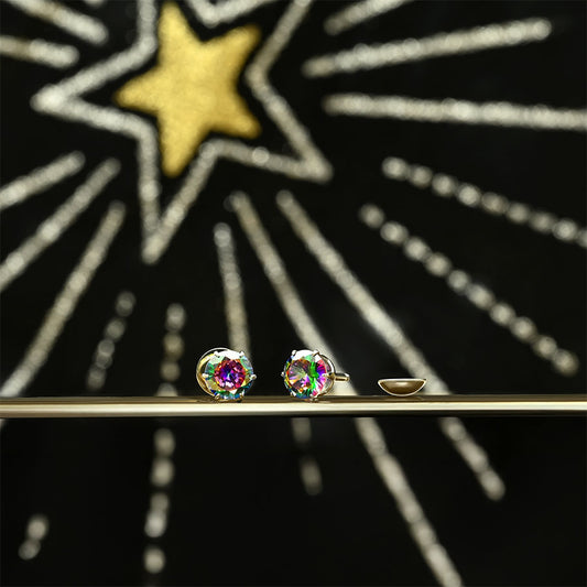Multicolored Mystic Topaz cz gemstone earrings on a black background with star design