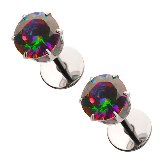 Pair of stud earrings with multicolored topaz cz gemstones on a white background