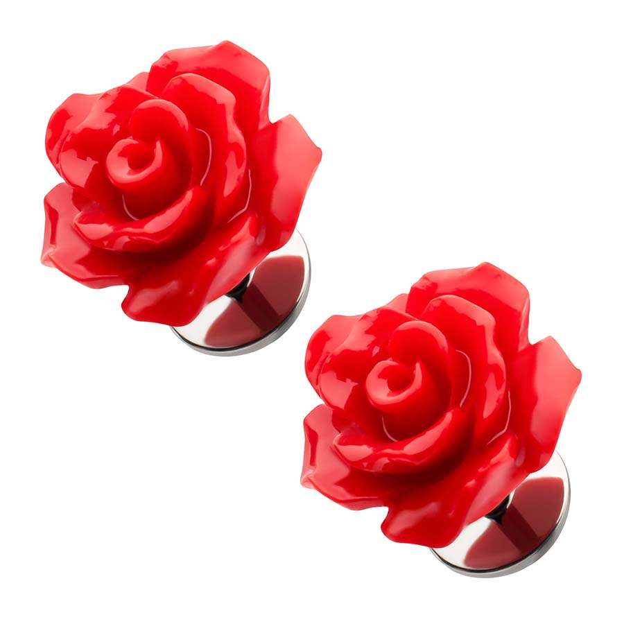 Two red rose-shaped flat back earrings on a white background