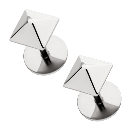 A pair of silver-toned titanium earrings with a geometric pyramid-shaped top, shown on a plain white background.