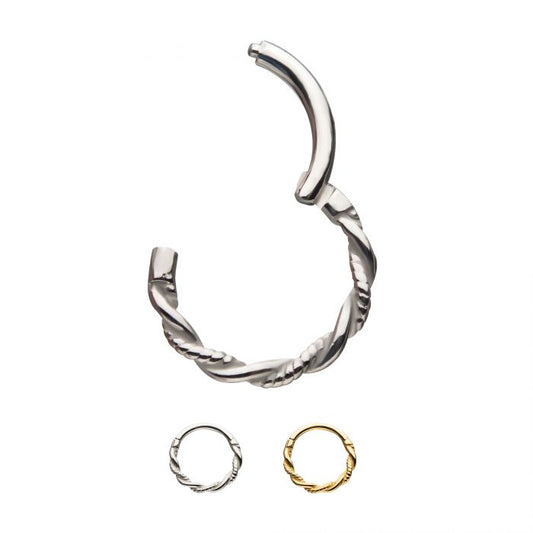 Stainless and gold hoop twist earrings on a white background