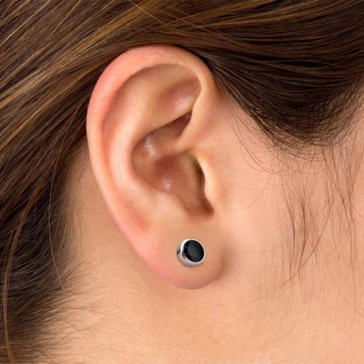 ComfyEarrings with onyx black cz gems in stainless bezel setting