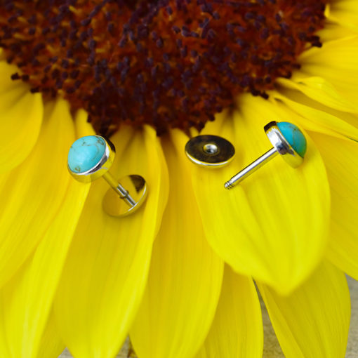 Turquoise ComfyEarrings on the petals of a bright yellow flower.