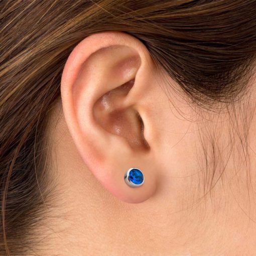 ComfyEarrings with blue sapphire gems in stainless bezel setting