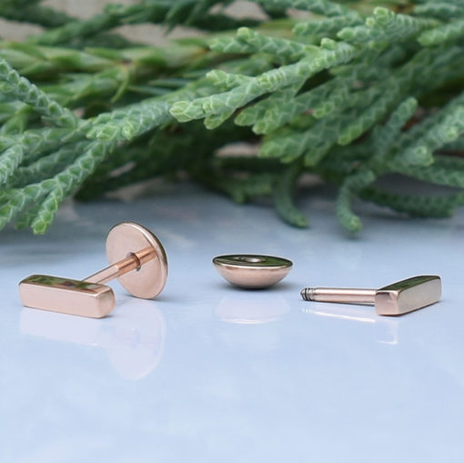Rose Gold Bar ComfyEarrings in front of evergreen needles.