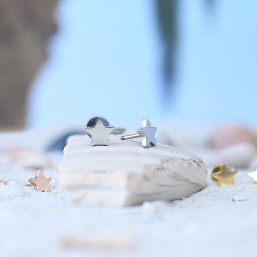 Stainless Star ComfyEarrings sitting on sand.