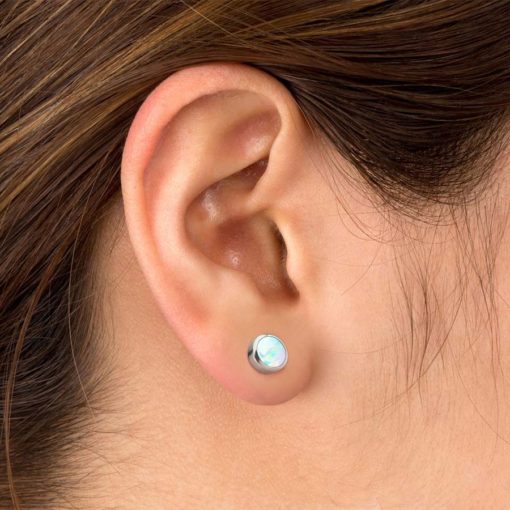 ComfyEarrings with white opal gems in stainless bezel setting