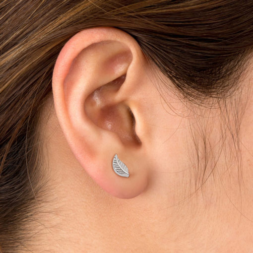 Stainless Leaf ComfyEarrings in ear.