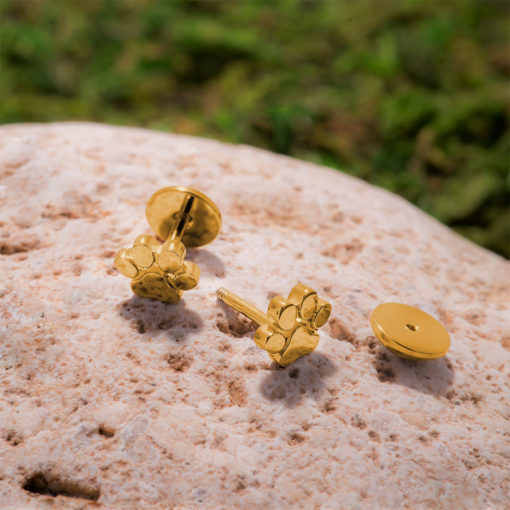 Gold Paw Print ComfyEarrings sitting on a small rock with green moss in the background