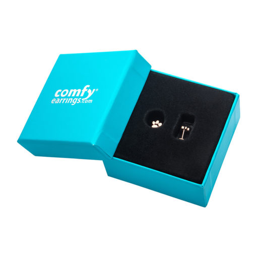 Rose Gold Paw Print ComfyEarrings in blue box