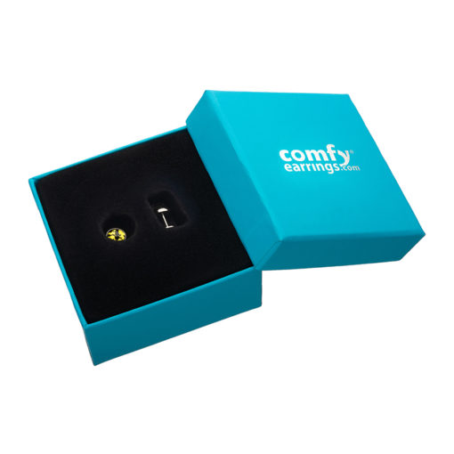 Black and Gold ComfyEarrings in a blue ComfyEarrings box
