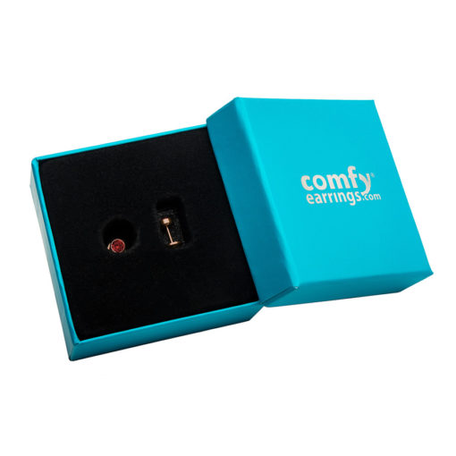Ruby Red Rose Gold ComfyEarrings in box.