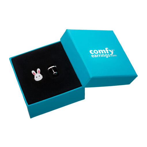 Bunny ComfyEarrings in a blue ComfyEarrings box.