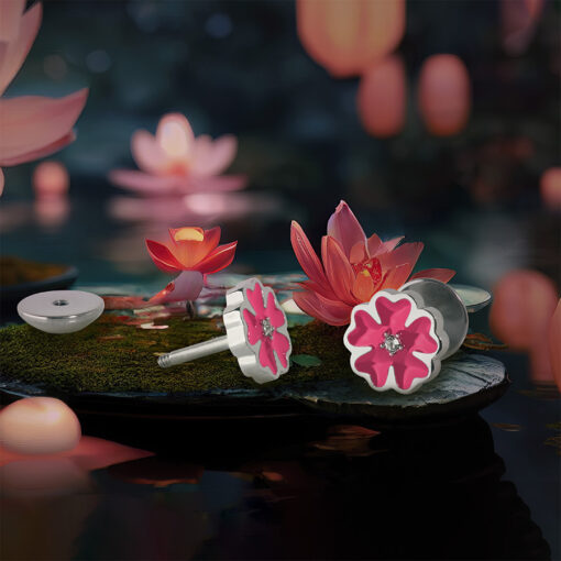 Pink Enamel Flower ComfyEarrings in front of pink lotus flowers