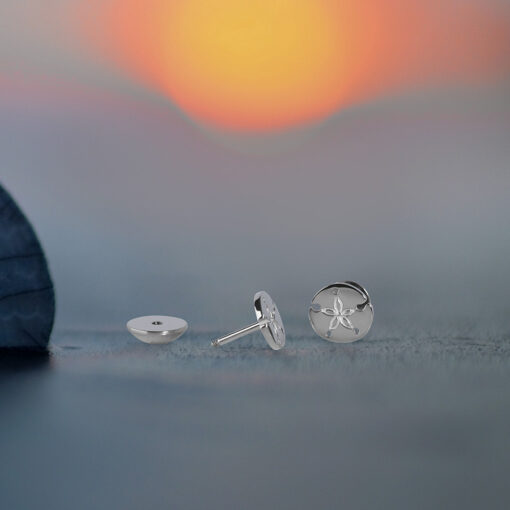 Stainless Sand Dollar ComfyEarrings in front of a blue and orange sunset.