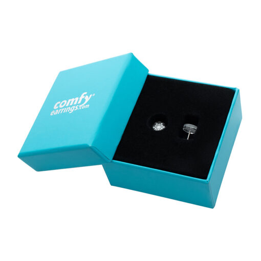 Snowflake ComfyEarrings in a blue gift box.