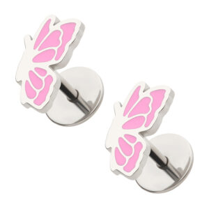 Pink Enamel Butterfly ComfyEarrings main image on white background.